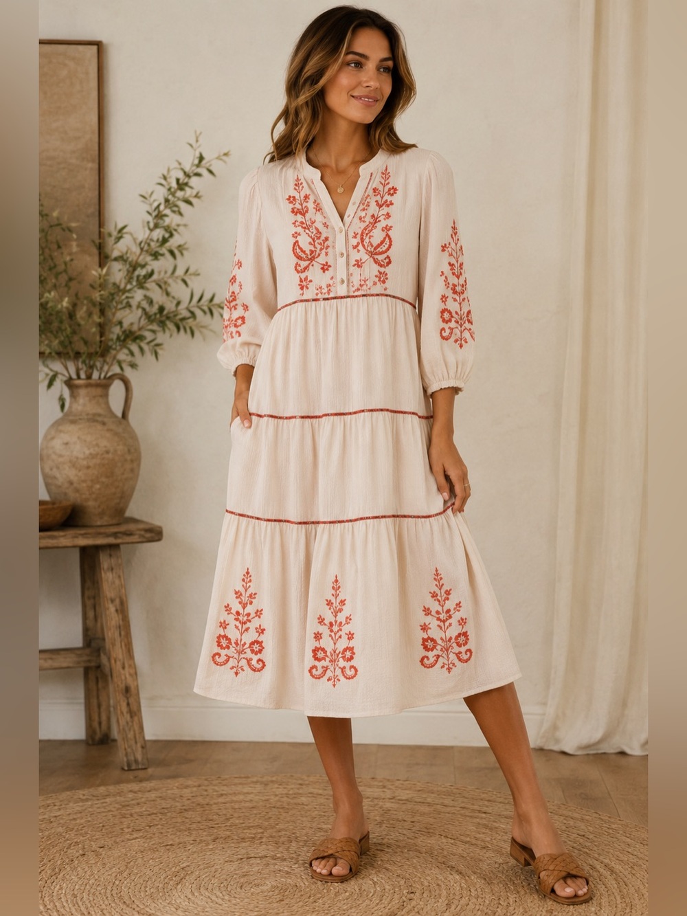 Fig + Flower Embroidered Midi Dress Medium Boho Tiered Prairie Cottagecore Dress - Picture 1 of 6